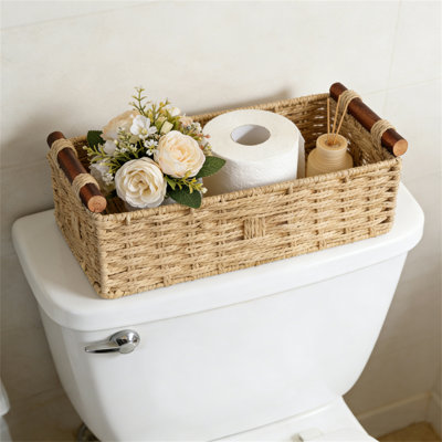 Beige Round Paper Rope Basket With Handle, 14.5X6.6X3.74 Inch Decorative Storage Bin For Organizing