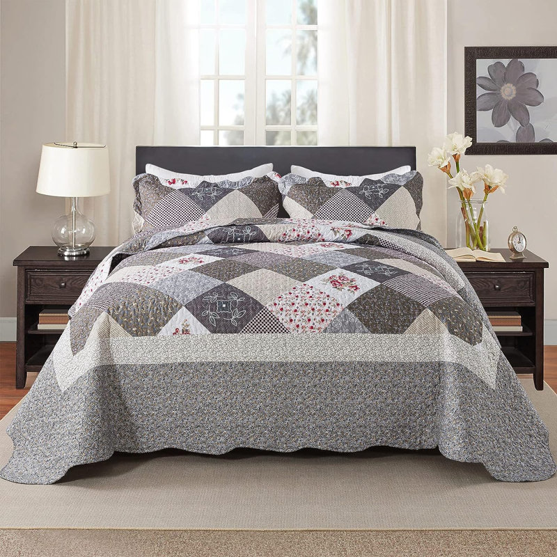 HoneiLife  Flower Diamond  Gray Blended Bedding set, Queen Quilt + 2 Standard Pillowcases