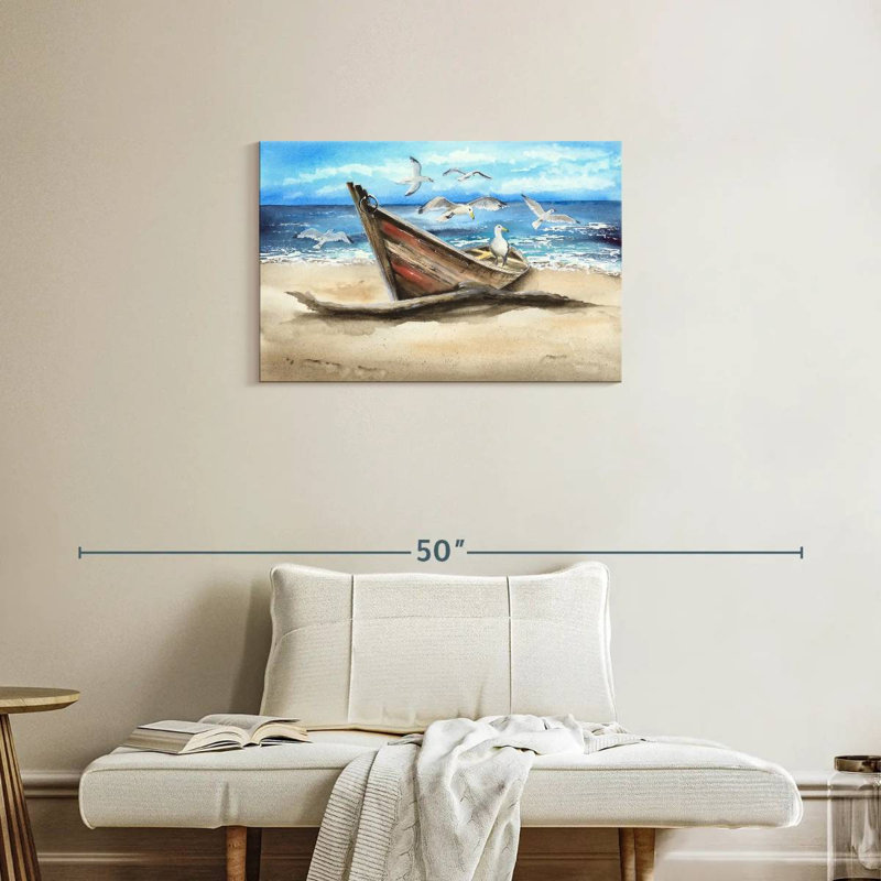 Mouettes et bateau Mehar, H 20 po x l 30 po