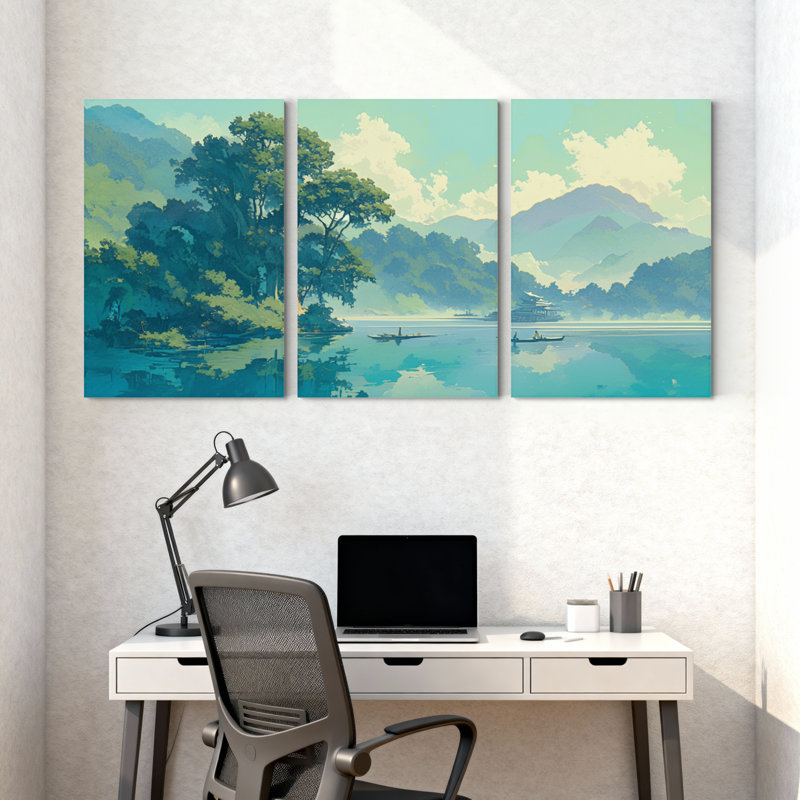 «Landscape & Nature Serene Lake Landscape with Trees and Mountains», ensemble de 3 impressions sur toile, H 30 po x l 60 po