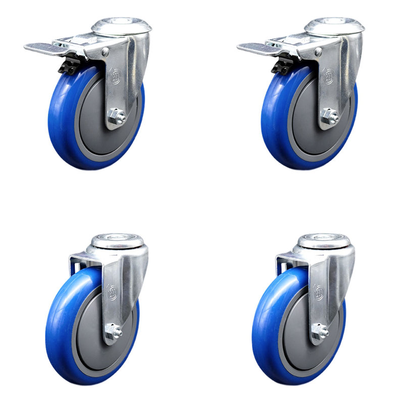 5 Inch Blue Polyurethane Swivel Bolt Hole Caster Set with 2 Total Lock Brake
