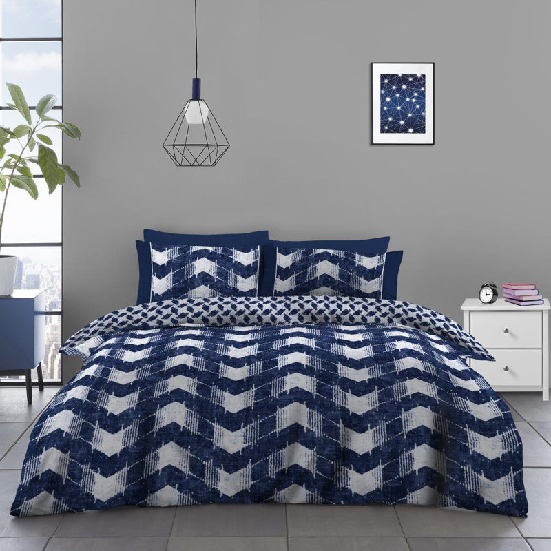 Duvet Cover Set with Pillowcases, Blue/White, Geometric Shapes, Single Duvet Cover Set + 2 Additional Pieces