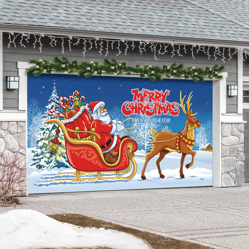Bannière de porte de garage Magical Santa's Sleigh Ride 7 pi x 16 pi - Décorations des Fêtes pour l'extérieur