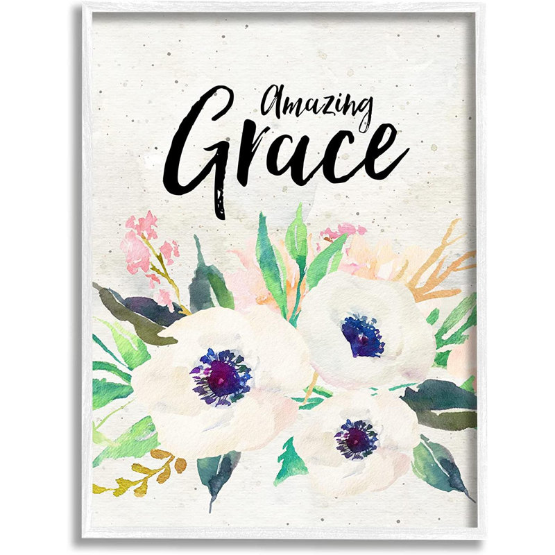 «Amazing Grace Calligraphy White Flower Blossom Bot», impression sur cadre en panneau de fibres à densité moyenne