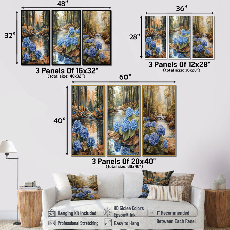 Hortensias près de la rivière Forest I - Collection d'art mural Hydrangea, Toile tendue, H 28 po x l 36 po, Ne s’applique pas
