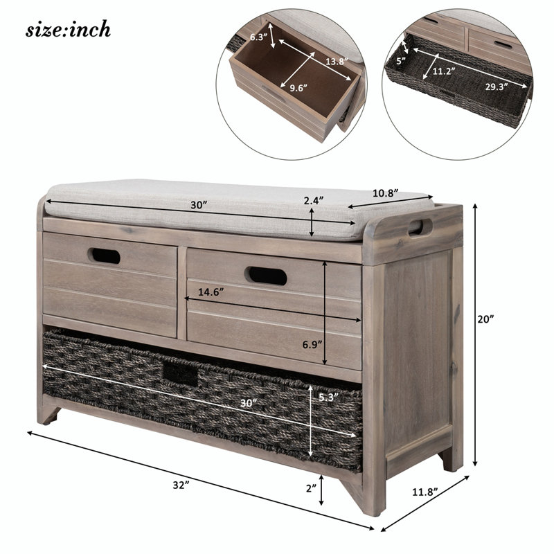 Versatile Use Wood Shoe Storage Bench with Removable Basket and 2 Drawers, White Washed