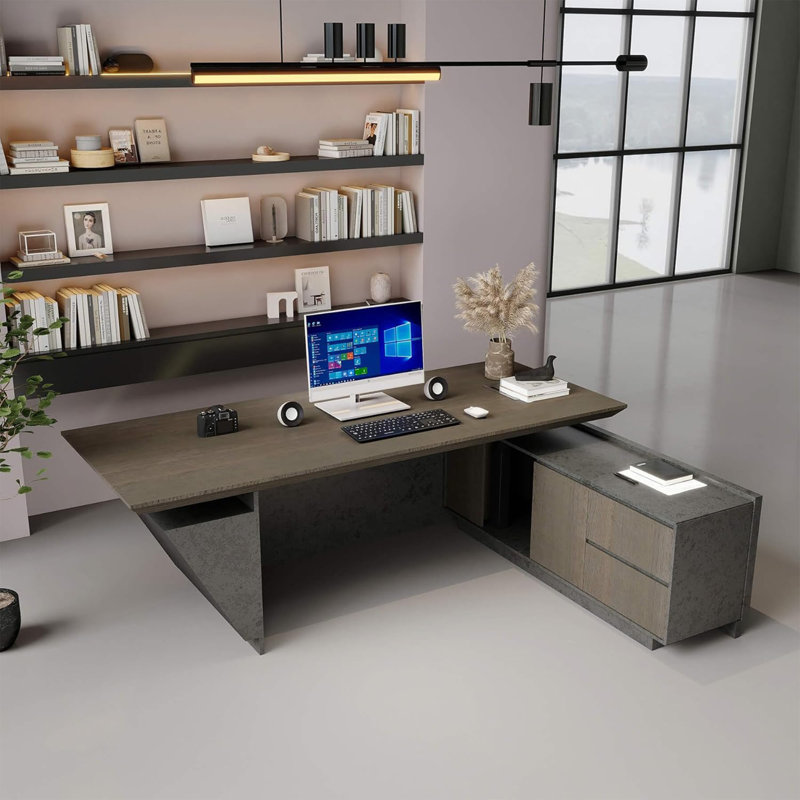 Bureau de direction en L à hauteur ajustable 94,5 po avec bureau à lumière DEL moderne et grand bureau de direction pour affaires à domicile