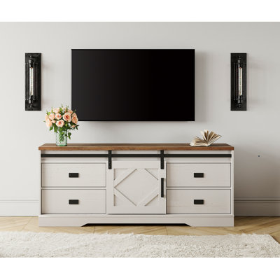 Modern Farmhouse TV Stand For 65" TV With Barn Door & Rub Through Distressing, Wood Entertainment Center With Drawers And Storage Cabinet For Living Room,Rustic Brown
