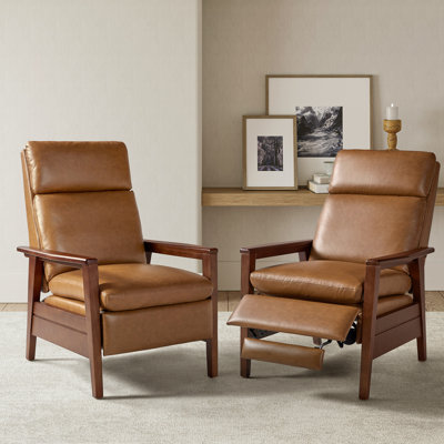 Branstetter 28.5" Wide Mid-Century Modern Faux Leather Recliner with Solid Wood Frame (Set of 2)