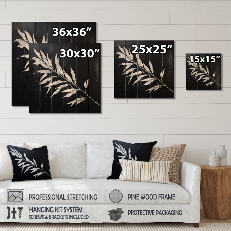 Willow Leaves In White I - Leaves Wood, art mural sur bois de pin naturel, H 30 po x l 30 po