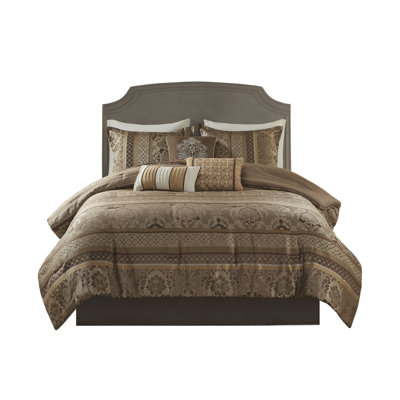 Ensemble d'édredon 7 pièces en jacquard pour lit très grand californien brun / doré avec coussins décoratifs - Collection de literie en polyester de luxe