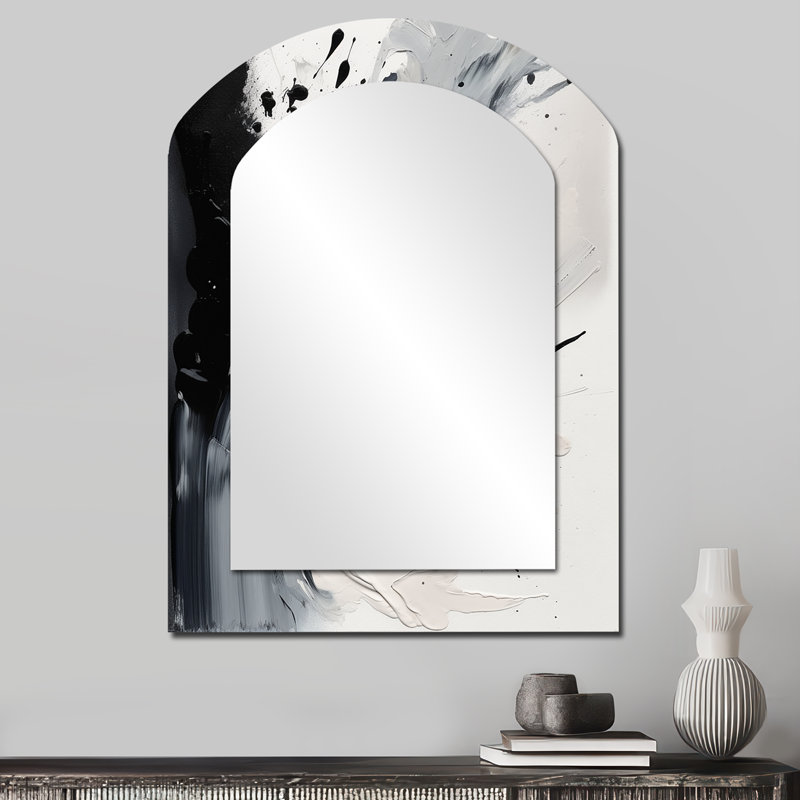 Black Textured Splash Paint Art IV - Abstract Painting Arch Decorative Mirror, Modern Asymmetrical Wall Mirror, Printed Metal Art