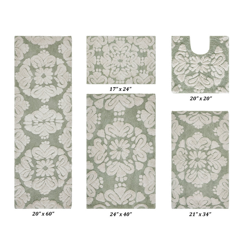 Ensemble de tapis pour salle de bain 5 pièces 100% coton 1885 GSM Chemash, certifié OEKO-TEX®, envers en latex antidérapant, tapis de bain touffetés moelleux et tapis de contour pour douche, baignoire, meuble-lavabo, lavabo et toilette, super absorbant, machine Lavable, sauge