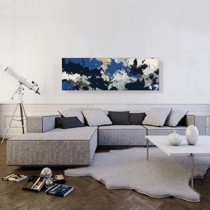 Bleu, brun, noir, gris, moderne, reproduction d'art sur toile panoramique, H 16 po x l 48 po x 1,5 po