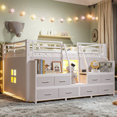 Full Low Loft Bed with Storage Stairs, Fabric Drawers, and Under-Bed Space