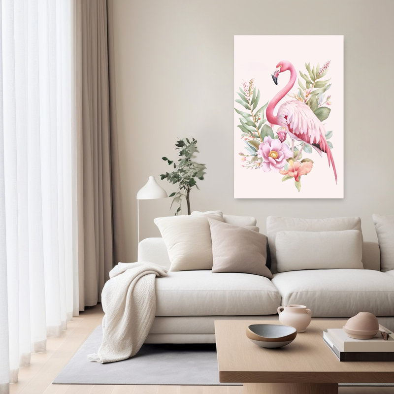 Pink Flamingo Tropical Bloom Elegant Abstract Bird Flamingo Nature Plant Wall Art Print by Andrea Haase - Print