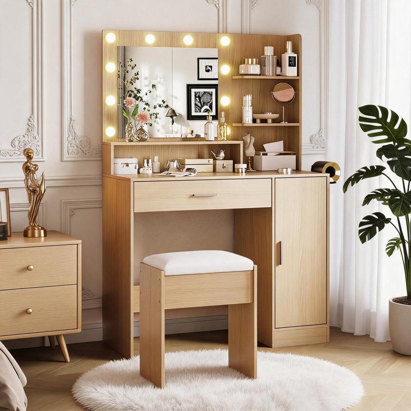 Ensemble de coiffeuse moderne avec miroir, lumières DEL, prise de courant - grands tiroirs de rangement, tablettes ouvertes, tabouret rembourré, modes d'éclairage réglables