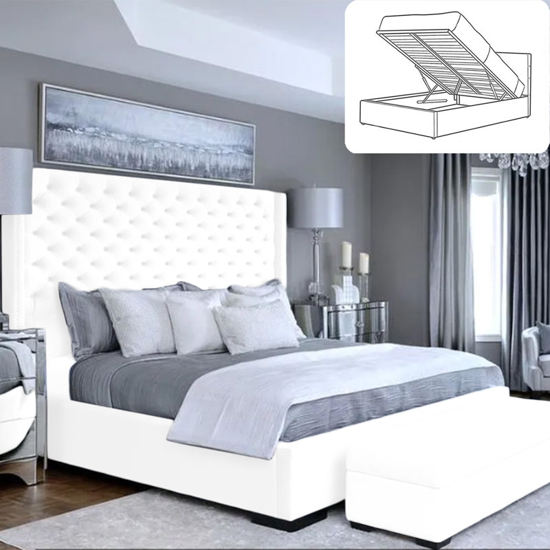Thielsen Chesterfield Ottoman Storage Bed - Plush Velvet Gas Lift Bed Frame with Headboard, Single (3'), White
