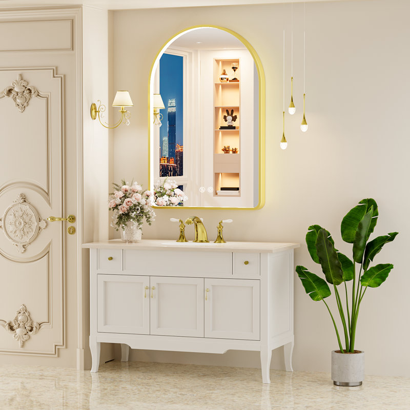 Miroir de salle de bain à DEL avec lumières, miroir de salle de bain arqué avec antibuée, température de 3 couleurs, fonction de mémoire, à intensité variable