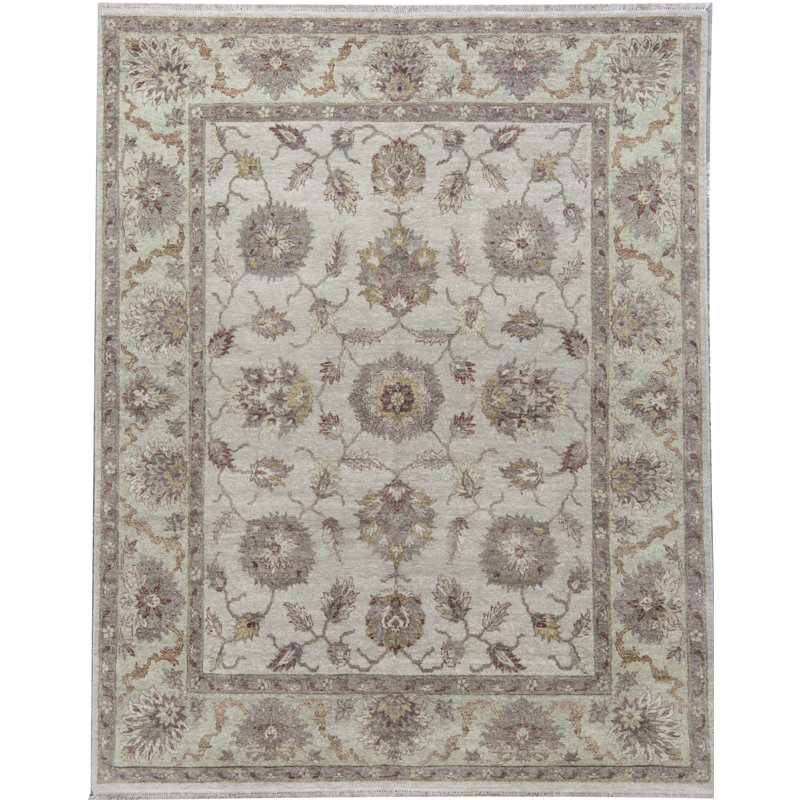 Tapis ivoire et vert clair noué à la main de haute qualité