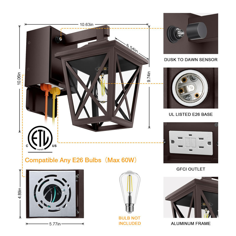 Dusk to Dawn Outdoor Light with Outlet Built-in, Brown