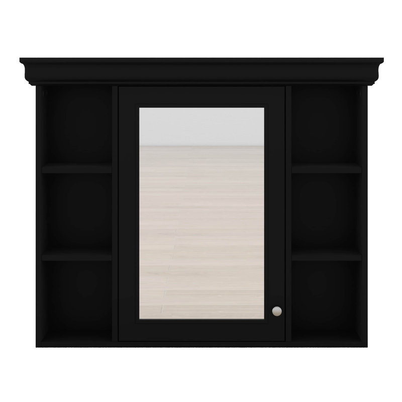 Armoire murale de salle de bain 35 po x 28 po avec porte miroir et 6 tablettes ouvertes, Noir