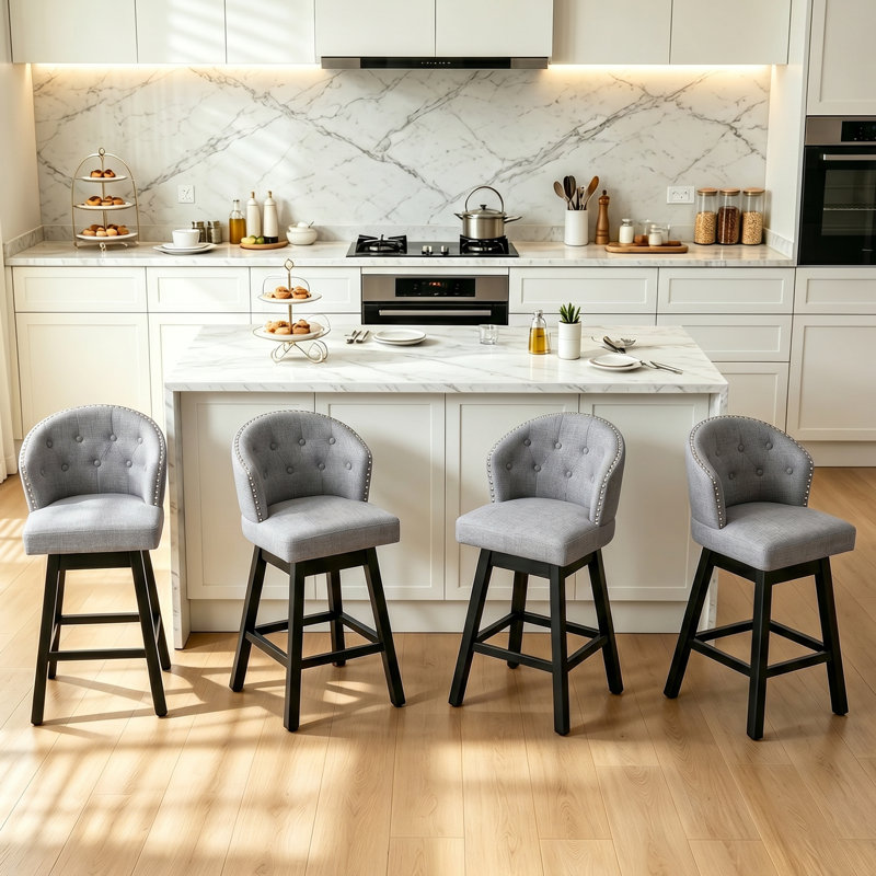 Aadhvika Upholstered BarStools with Solid Wood Frame, Gray/Linen, Counter Stool (26" Seat Height)