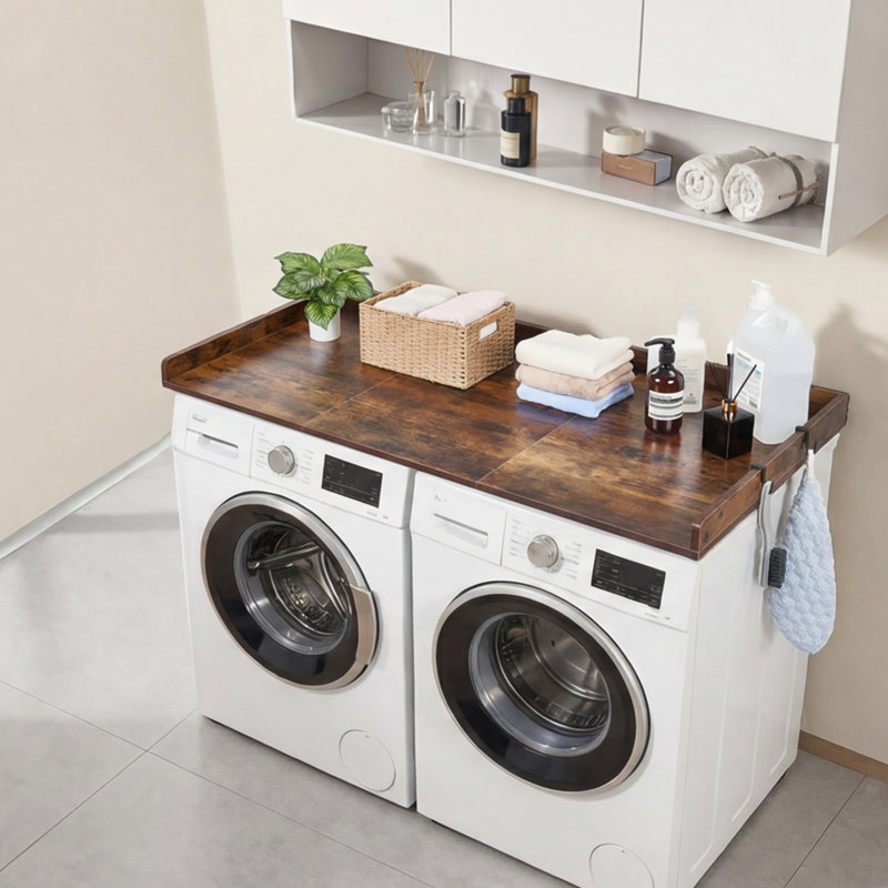 Washer Dryer Countertop, 54 x 27.5 in Wooden Washer and Dryer Topper with Edge & 2 Hooks, Water-Resistant Laundry Machine Topper for Laundry Closet Pantry Counter Organization and Storage, White
