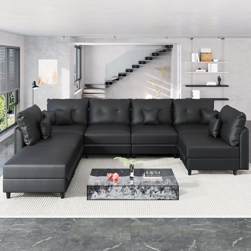 Canapé avec méridienne réversible avec repose-pieds Breseis, Black Faux Leather