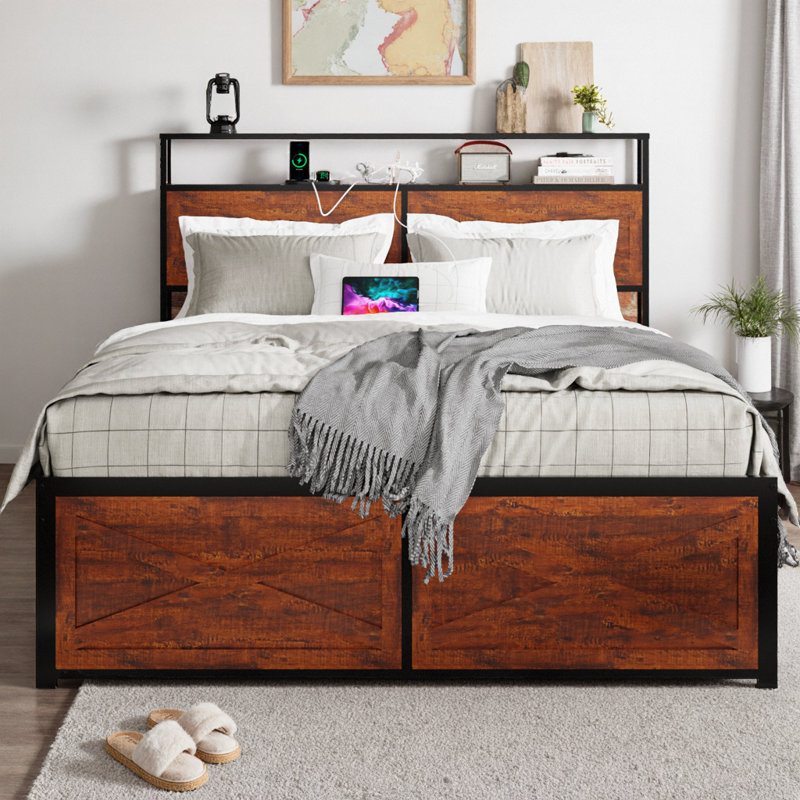 Bed Frame with Storage Headboard, 12 Drawers & RGB LED Lights, Metal Platform with Noise-Free Non-Slip Slats, Strong Support No Box Spring Needed, Built-in Charging Station