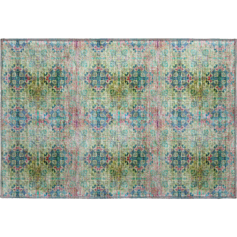 Premium Machine Washable Cerrito AMF557 Green Rug, Rectangle 1'8" x 2'6"