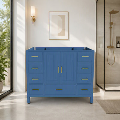 Base de meuble-lavabo bleu 42 po, 2 portes doubles à fermeture douce et 9 tiroirs lisses avec glissières