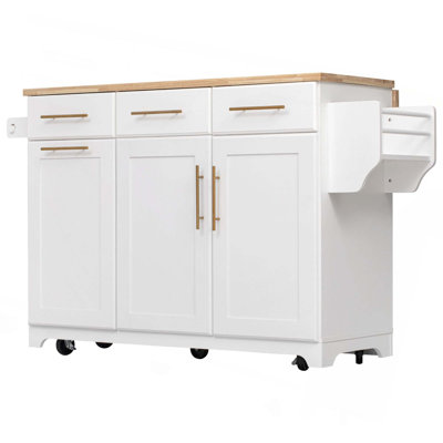 59.3" Kitchen Island With 2 Pull Out Cabinet Organizers & Rubber Wood Drop Leaf, Trash Can Storage, Power Outlet, Spice & Towel Rack