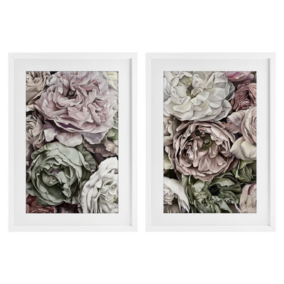 Ensemble de 2 reproductions encadrées sous verre mixtes roses et pivoines, design par Annabelle Hall