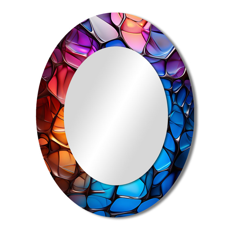 Abstrait coloré en verre fractal abstrait opalescent I - Miroir décoratif abstrait ovale sur métal, H 43 po x l 33 po