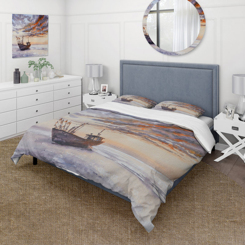 Bateau de pêche en bois sur la côte baltique - Ensemble de housse de couette nautique et côtier - Polyester en microfibre