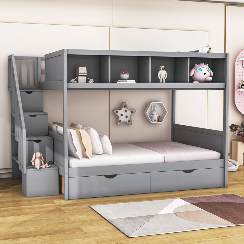 Godo Kids Twin Over Full Bunk Bed with Drawers, Gray