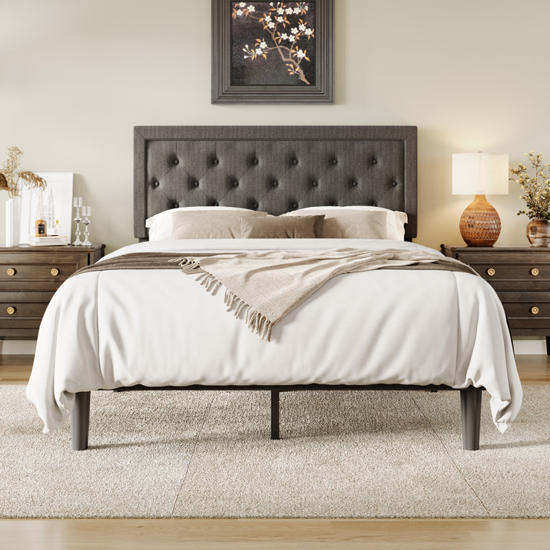 Upholstered Platform Bed with Diamond Pattern Headboard, No Box Spring Needed, Queen, Dark Gray