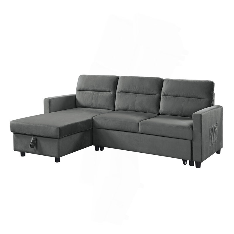 Ivy 81.5" Dark Gray Velvet Reversible Sleeper Sectional Sofa With Storage Chaise And Side Pocket