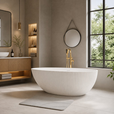67" Freestanding Solid Surface Soaking Bathtub, Egg-Shaped Design with Vertical Texture, Matte White Modern Tub (TL1071-67MW)