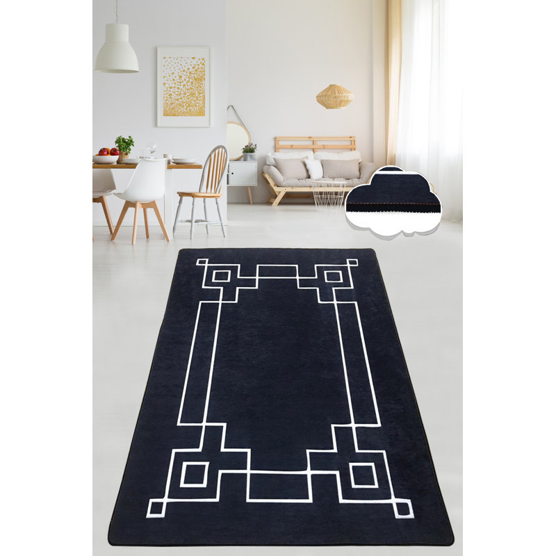 Premium Hall Carpet (3.3 x 6.6 ft), Black & White Design, 100% Polyester | Antibacterial, Non-Slip Underside, Machine Washable | Pile Height: 0.16 in, Total Thickness: 0.39 in | Perfect for Home & Office Décor