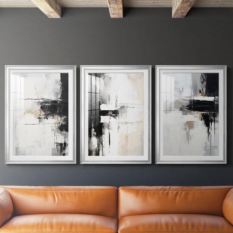 Série ABSTRACT - Impression encadrée sur mesure de qualité supérieure - 3 pièces, H 39 po x l 81 po, Argent argent