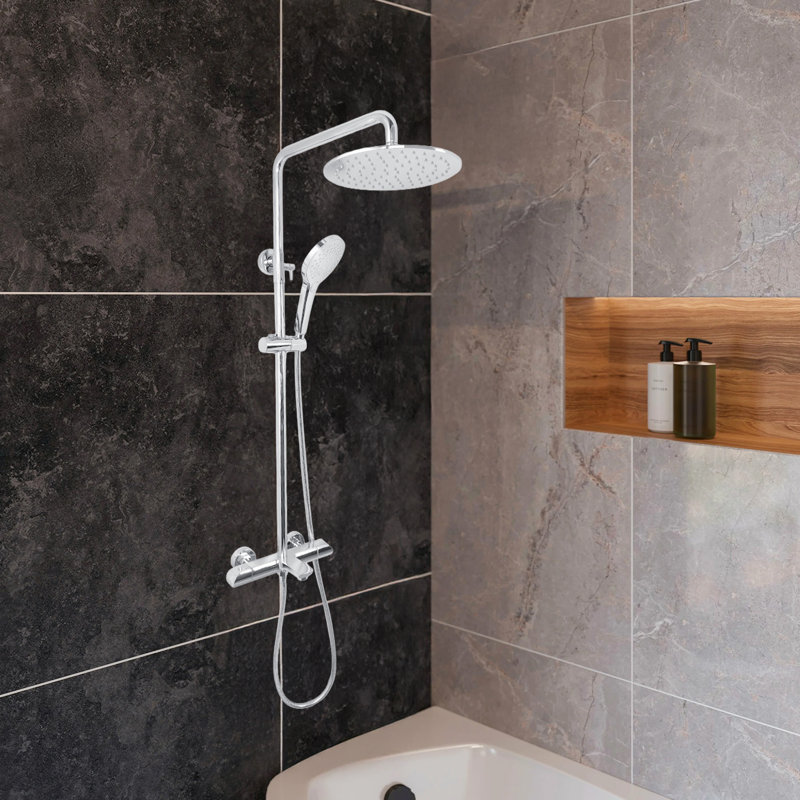 Zen Three Function Thermostatic Exposed Shower Pipe System With Round 10inc Rain Shower Head And 3 Functions Hand Shower And Tub Spout