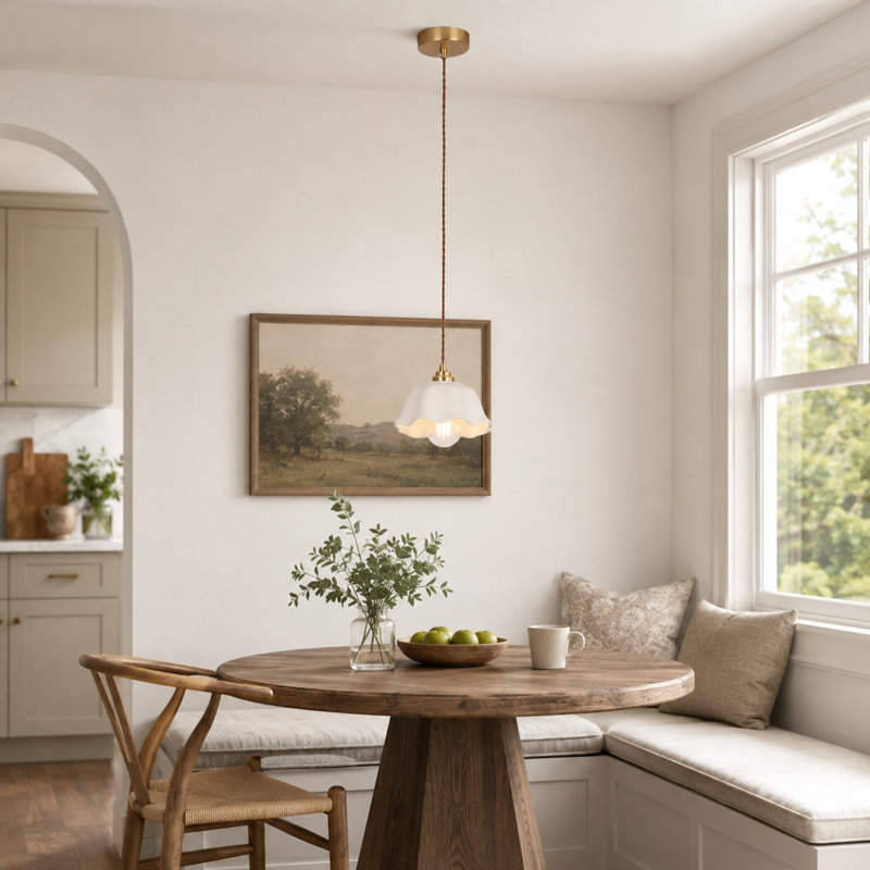 Luminaire suspendu festonné en céramique blanc champêtre 1 lumière avec finition cuivre et cordon réglable