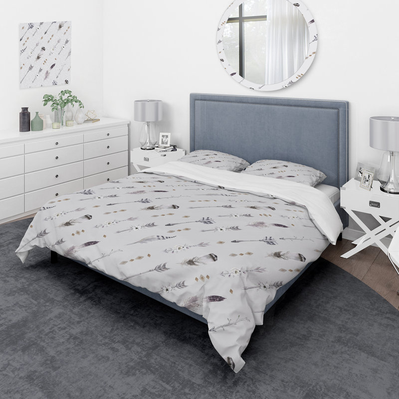 Boho Feathers And Arrows - Ensemble de housse de couette bohémien - Microfibre de polyester, gris