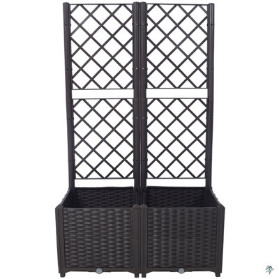 Poly Rattan Brown Trellis Raised Bed  With Drainage Plug - 2 Removable Pots With Large Flower Boxes - Built-In Support For Climbing Plants - Outdoor Patio Garden Decoration