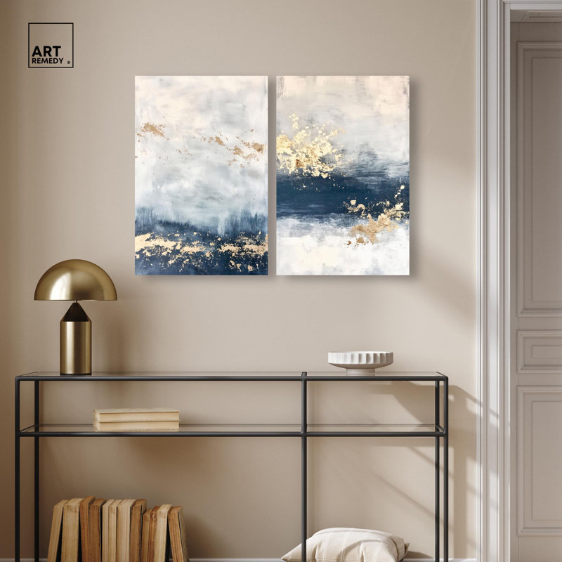 «Gilded Coastal Calm Blue Art», ensemble de 2 impressions sur toile par , Toile tendue, Ne s’applique pas, H 24 po x l 16 po