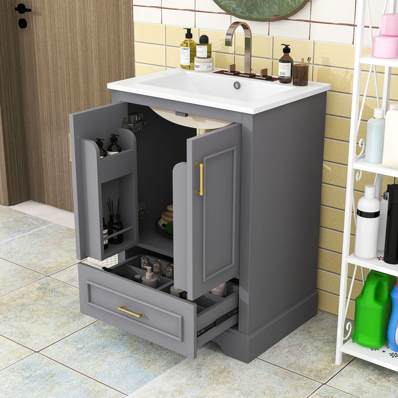  Meuble-lavabo avec lavabo, 2 portes et 1 tiroir, Gris, 24"