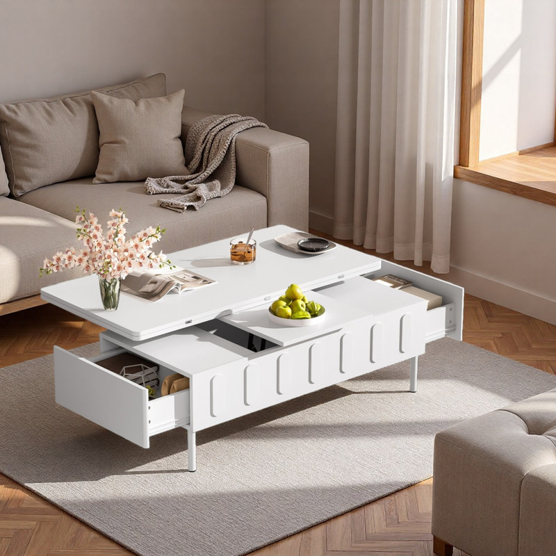 Table basse à plateau relevable avec plateau pliable, 2 tiroirs, compartiment de rangement dissimulé et pieds en métal, Blanc