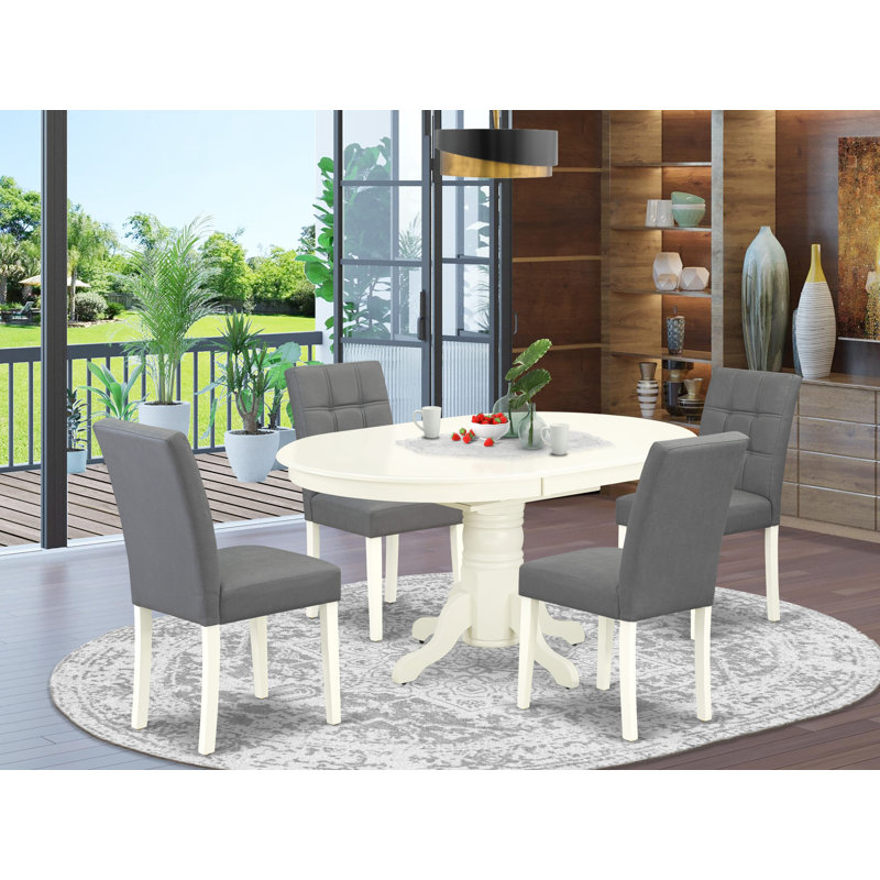 5 Piece Dinner Table Set Includes A Wood Table and 4 Platinum Gray Polyester Fabric Kitchen Chairs with Stylish Back- Linen White Finish